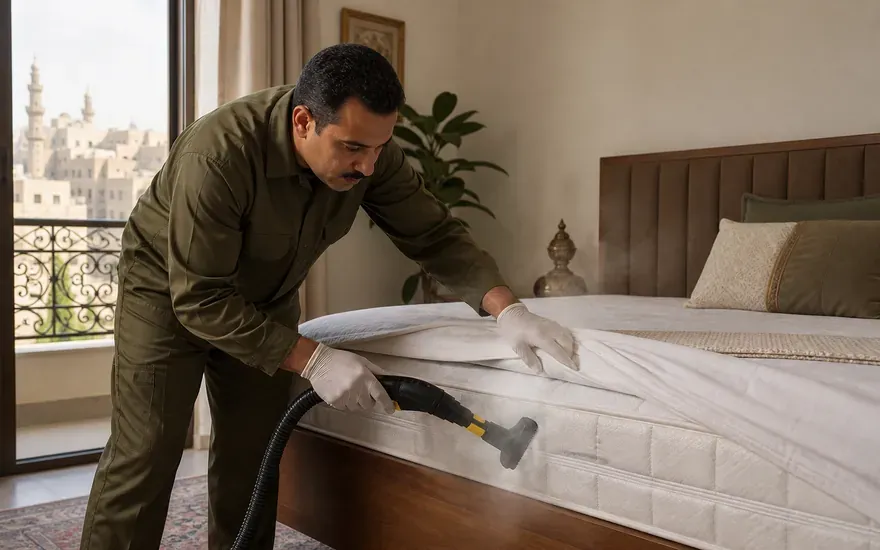 فني يعالج درز مرتبة بالبخار لمكافحة بق الفراش